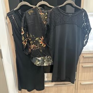 Two Black Diesel Dresses (XXS, S) and AllSaints Black Preslie Avifauna Shirt (0)